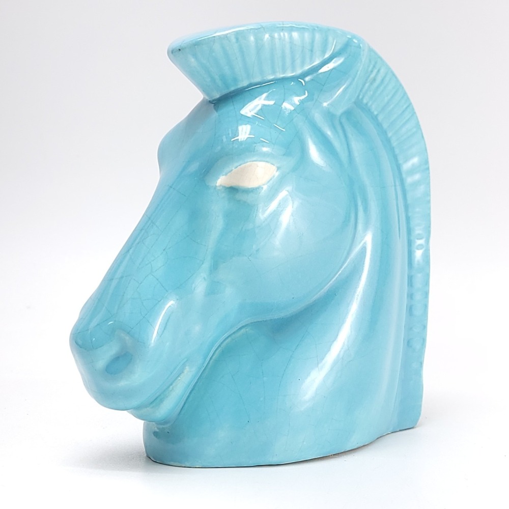 Vintage Ceramic Trojan Horse Teal Crackle Glaze Mid Century Equestrian Artax MCM